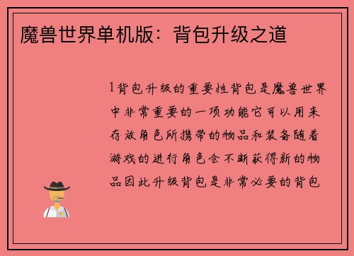 魔兽世界单机版：背包升级之道